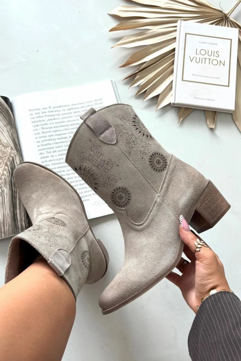 Botki Skórzane|Botki Na Słupku>Zazoo Zamszowe Skórzane Botki Damskie Ażurowe Na Obcasie 3844 Cappuccino Beżowy