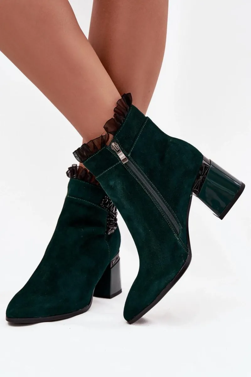 Discount Zamszowe Skórzane Botki Damskie Na Słupku Z Ozdobą Ocieplane MR52-127 Butelkowa Zieleń Damskie Botki Ocieplane|Botki Skórzane