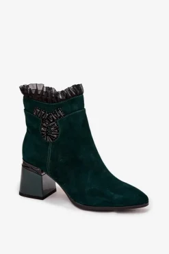 Discount Zamszowe Skórzane Botki Damskie Na Słupku Z Ozdobą Ocieplane MR52-127 Butelkowa Zieleń Damskie Botki Ocieplane|Botki Skórzane