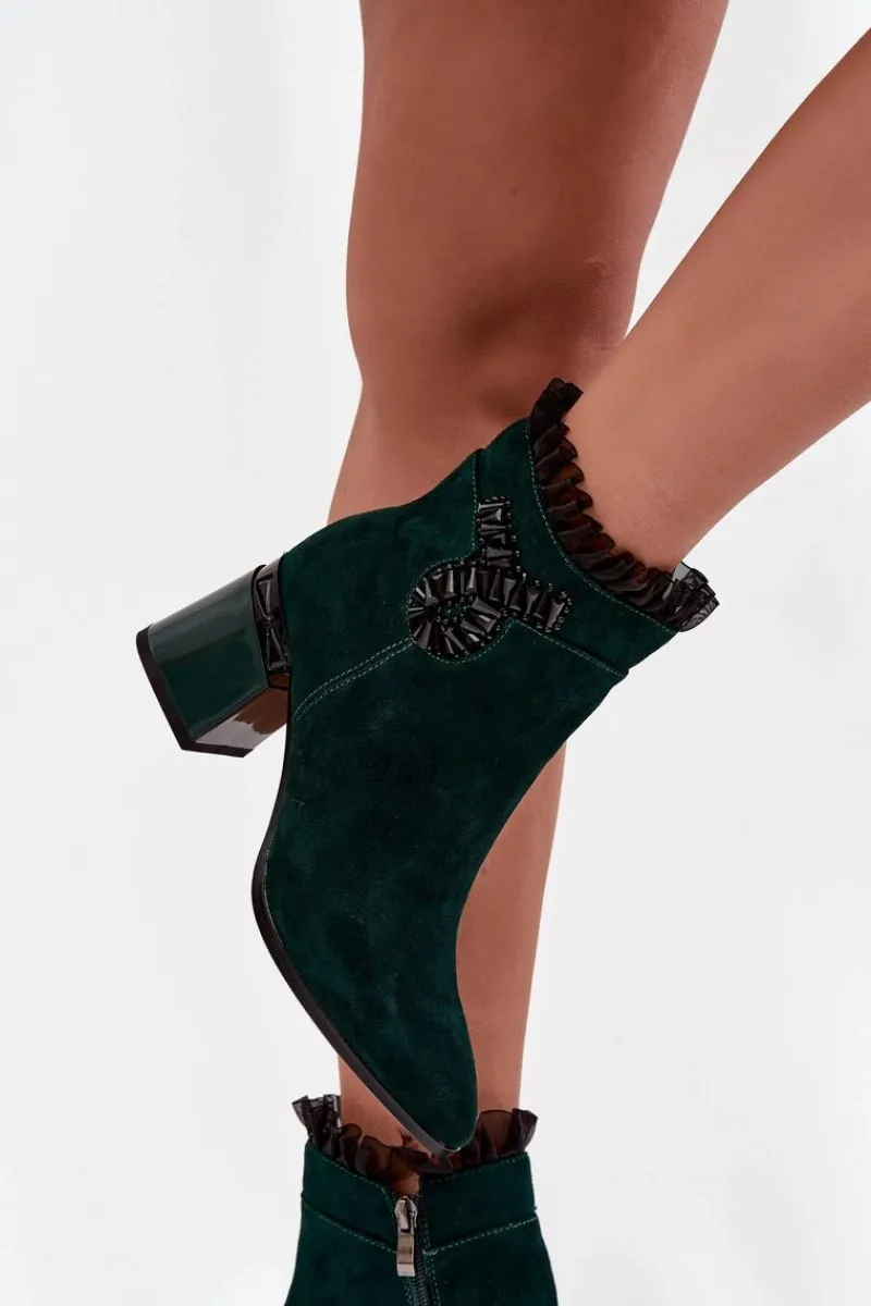 Discount Zamszowe Skórzane Botki Damskie Na Słupku Z Ozdobą Ocieplane MR52-127 Butelkowa Zieleń Damskie Botki Ocieplane|Botki Skórzane