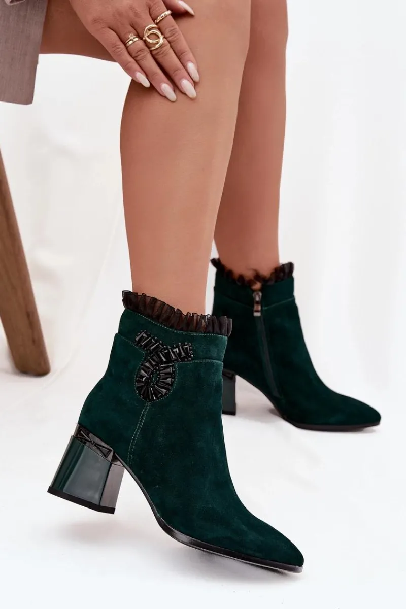 Discount Zamszowe Skórzane Botki Damskie Na Słupku Z Ozdobą Ocieplane MR52-127 Butelkowa Zieleń Damskie Botki Ocieplane|Botki Skórzane