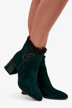 Discount Zamszowe Skórzane Botki Damskie Na Słupku Z Ozdobą Ocieplane MR52-127 Butelkowa Zieleń Damskie Botki Ocieplane|Botki Skórzane