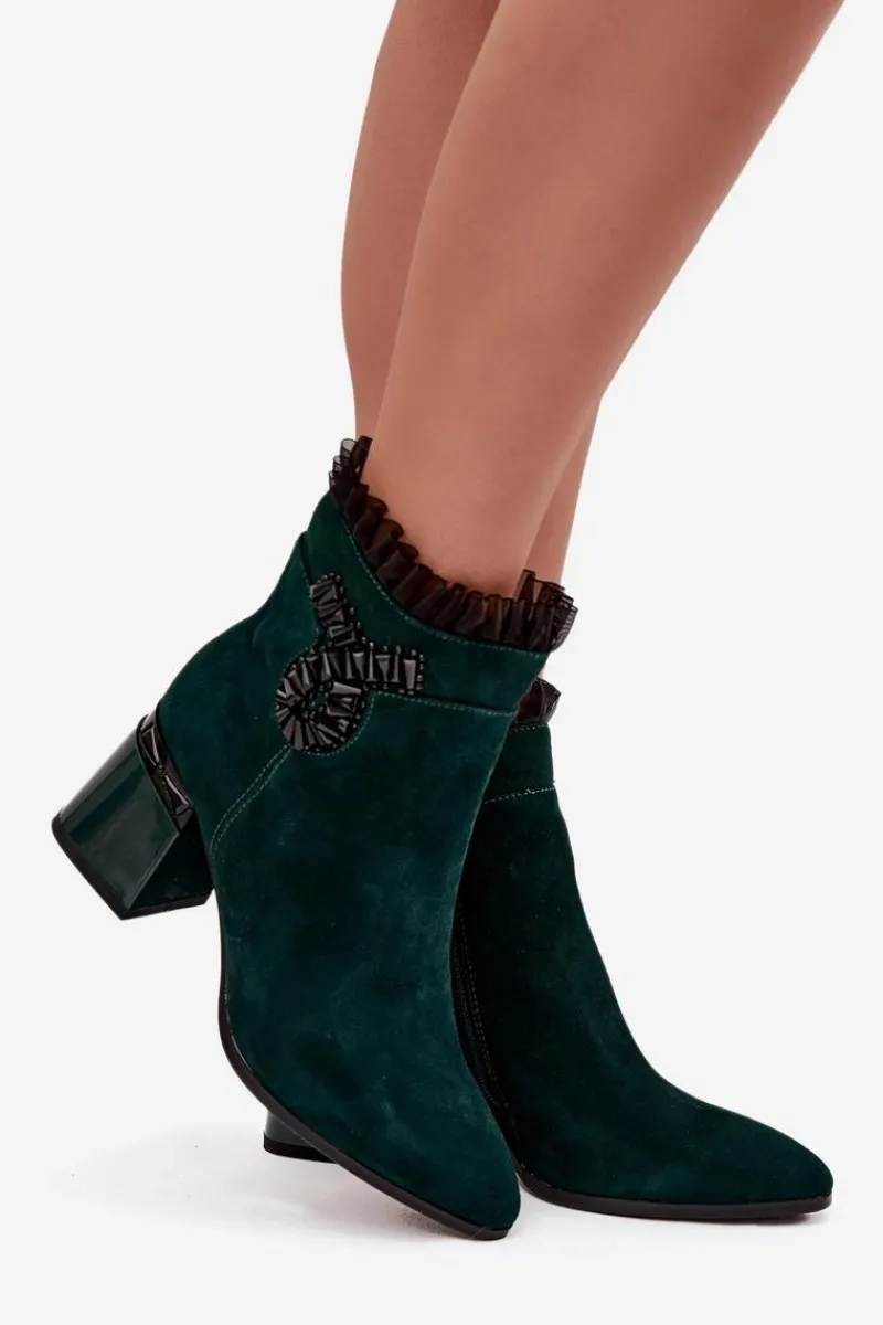 Discount Zamszowe Skórzane Botki Damskie Na Słupku Z Ozdobą Ocieplane MR52-127 Butelkowa Zieleń Damskie Botki Ocieplane|Botki Skórzane
