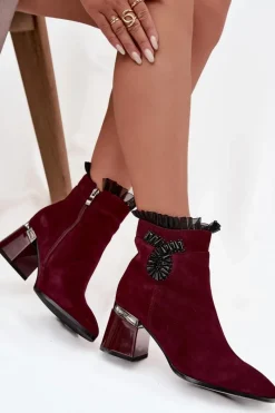 New D&A Zamszowe Skórzane Botki Damskie Na Słupku Z Ozdobą Ocieplane MR52-127 Bordowe Czerwony