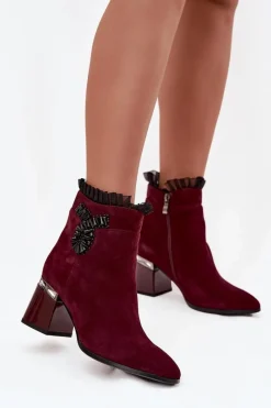 New D&A Zamszowe Skórzane Botki Damskie Na Słupku Z Ozdobą Ocieplane MR52-127 Bordowe Czerwony