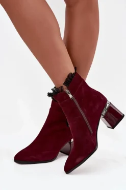 New D&A Zamszowe Skórzane Botki Damskie Na Słupku Z Ozdobą Ocieplane MR52-127 Bordowe Czerwony