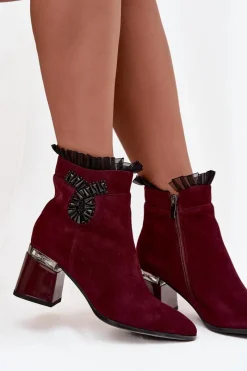 New D&A Zamszowe Skórzane Botki Damskie Na Słupku Z Ozdobą Ocieplane MR52-127 Bordowe Czerwony