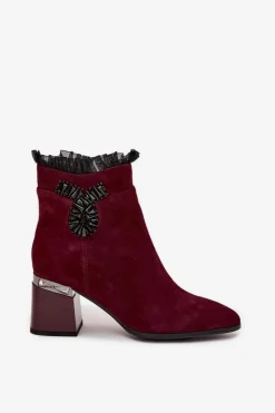 New D&A Zamszowe Skórzane Botki Damskie Na Słupku Z Ozdobą Ocieplane MR52-127 Bordowe Czerwony