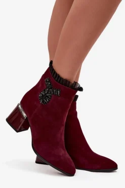 New D&A Zamszowe Skórzane Botki Damskie Na Słupku Z Ozdobą Ocieplane MR52-127 Bordowe Czerwony