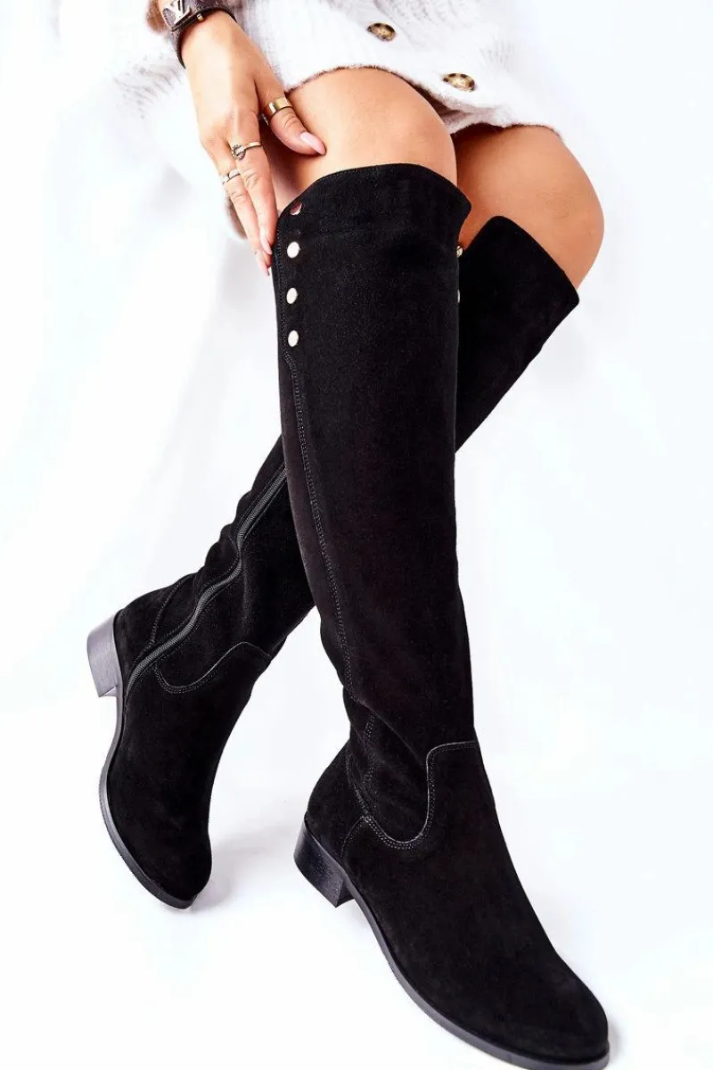 Sale Zamszowe Skórzane Kozaki Lewski 2840 Czarne Damskie Kozaki Za Kolano|Kozaki Płaskie