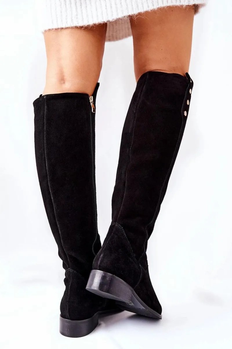 Sale Zamszowe Skórzane Kozaki Lewski 2840 Czarne Damskie Kozaki Za Kolano|Kozaki Płaskie