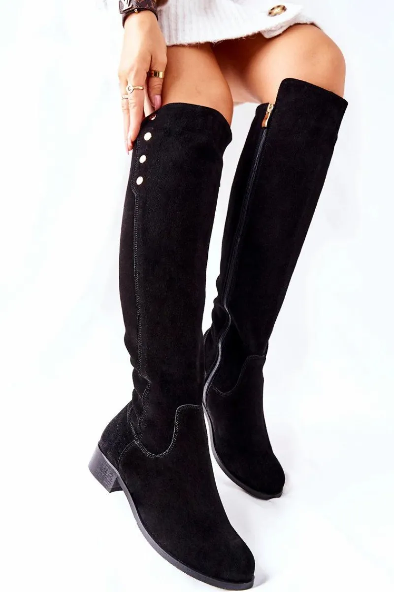 Sale Zamszowe Skórzane Kozaki Lewski 2840 Czarne Damskie Kozaki Za Kolano|Kozaki Płaskie