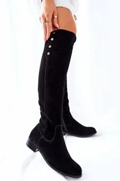 Sale Zamszowe Skórzane Kozaki Lewski 2840 Czarne Damskie Kozaki Za Kolano|Kozaki Płaskie