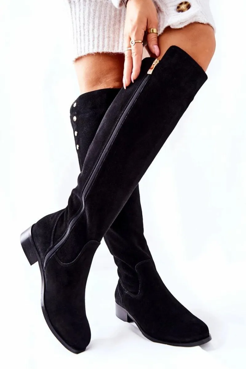 Sale Zamszowe Skórzane Kozaki Lewski 2840 Czarne Damskie Kozaki Za Kolano|Kozaki Płaskie