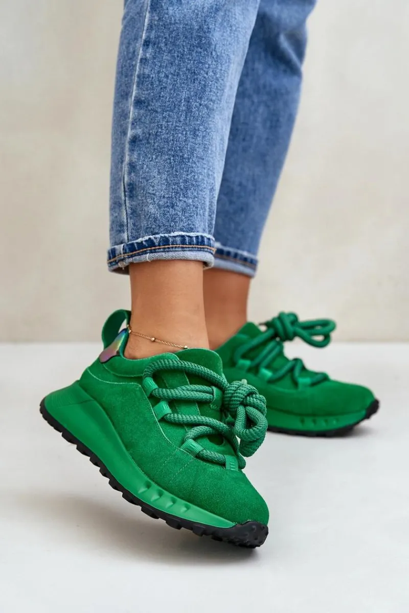 Online Artiker Zamszowe Sneakersy Damskie Z Grubym Sznurowaniem 55C0099 Zielone