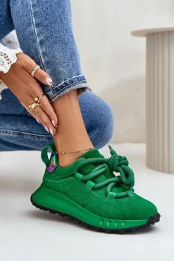 Online Artiker Zamszowe Sneakersy Damskie Z Grubym Sznurowaniem 55C0099 Zielone