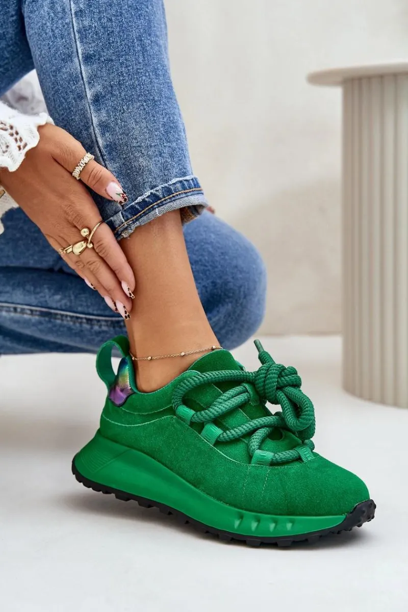 Online Artiker Zamszowe Sneakersy Damskie Z Grubym Sznurowaniem 55C0099 Zielone