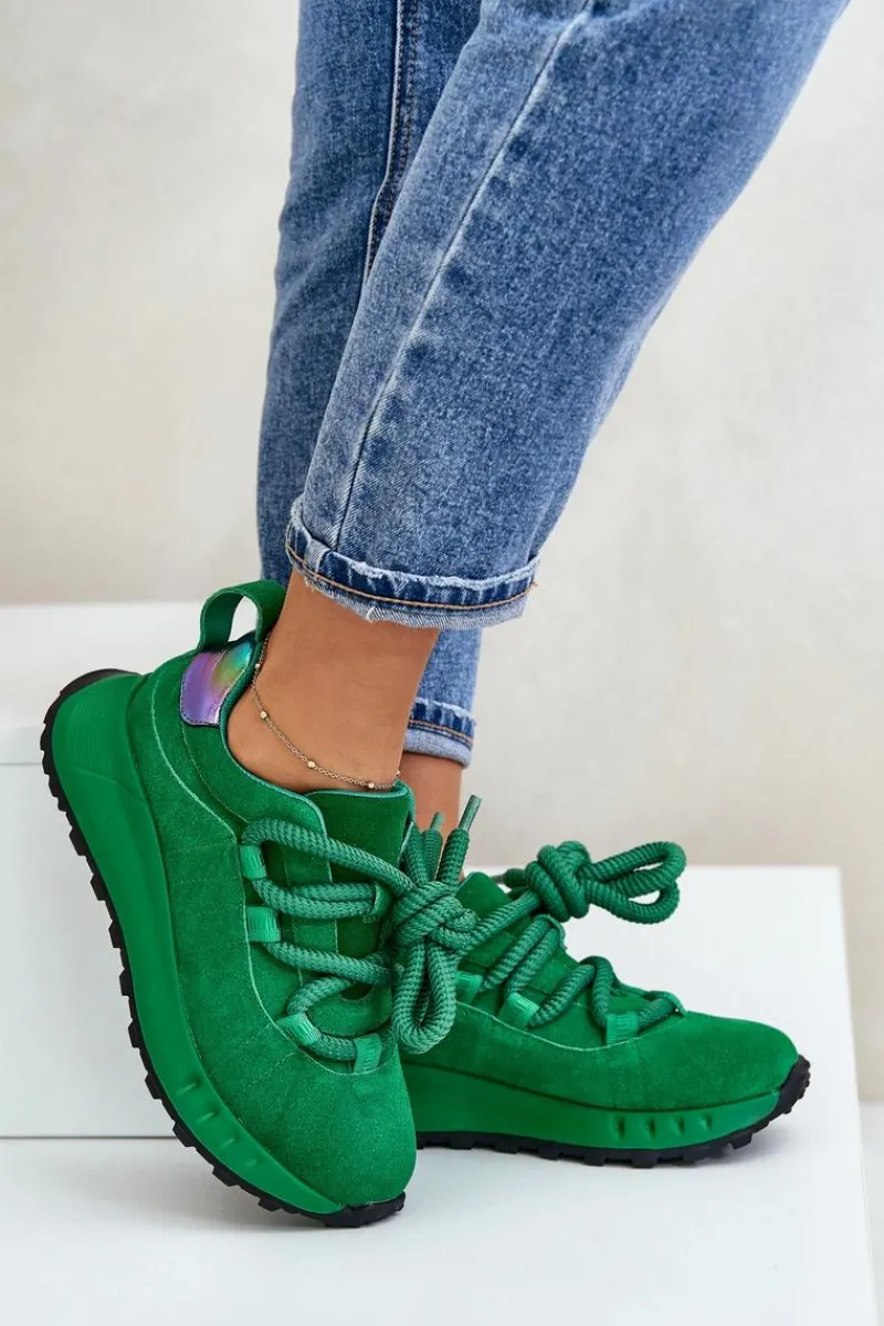 Online Artiker Zamszowe Sneakersy Damskie Z Grubym Sznurowaniem 55C0099 Zielone