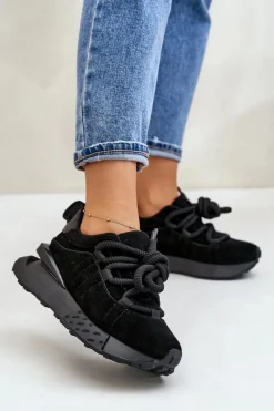 Discount Boto Zamszowe Sneakersy Damskie Na Platformie Z Grubym Sznurowaniem Artiker 54C1464 Czarne Czarny