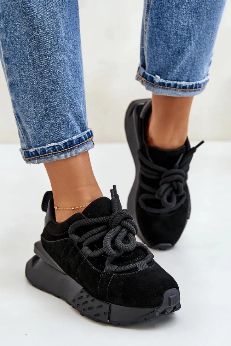 Discount Boto Zamszowe Sneakersy Damskie Na Platformie Z Grubym Sznurowaniem Artiker 54C1464 Czarne Czarny
