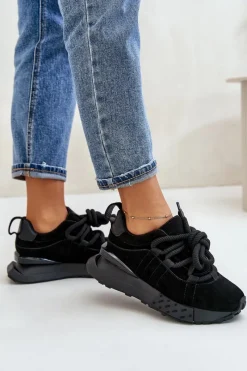 Discount Boto Zamszowe Sneakersy Damskie Na Platformie Z Grubym Sznurowaniem Artiker 54C1464 Czarne Czarny