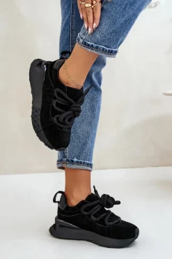 Discount Boto Zamszowe Sneakersy Damskie Na Platformie Z Grubym Sznurowaniem Artiker 54C1464 Czarne Czarny