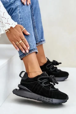 Discount Boto Zamszowe Sneakersy Damskie Na Platformie Z Grubym Sznurowaniem Artiker 54C1464 Czarne Czarny