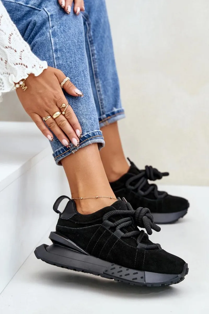 Discount Boto Zamszowe Sneakersy Damskie Na Platformie Z Grubym Sznurowaniem Artiker 54C1464 Czarne Czarny