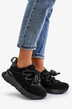 Discount Boto Zamszowe Sneakersy Damskie Na Platformie Z Grubym Sznurowaniem Artiker 54C1464 Czarne Czarny