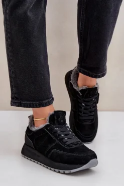 Buty Sportowe Big Star|Sneakersy Damskie>Big Star Shoes Zamszowe Sneakersy Damskie Z Futerkiem I Błyszczącym Elementem Big Star OO274580 Hi-Poly System Czarne Czarny