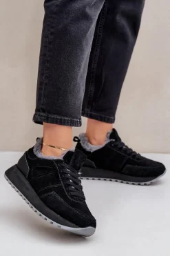 Buty Sportowe Big Star|Sneakersy Damskie>Big Star Shoes Zamszowe Sneakersy Damskie Z Futerkiem I Błyszczącym Elementem Big Star OO274580 Hi-Poly System Czarne Czarny