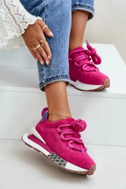 Buty Sportowe Na Platformie></noscript>Boto Zamszowe Sneakersy Damskie Na Platformie Z Grubym Sznurowaniem Artiker 55C0086 Fuksja Różowy