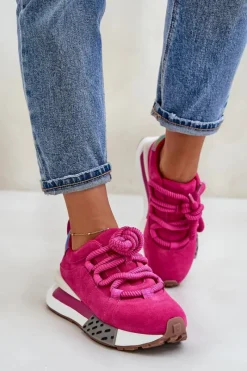 Buty Sportowe Na Platformie></noscript>Boto Zamszowe Sneakersy Damskie Na Platformie Z Grubym Sznurowaniem Artiker 55C0086 Fuksja Różowy