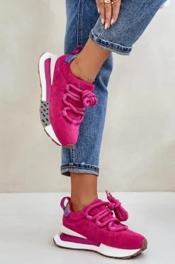 Buty Sportowe Na Platformie></noscript>Boto Zamszowe Sneakersy Damskie Na Platformie Z Grubym Sznurowaniem Artiker 55C0086 Fuksja Różowy