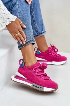 Buty Sportowe Na Platformie></noscript>Boto Zamszowe Sneakersy Damskie Na Platformie Z Grubym Sznurowaniem Artiker 55C0086 Fuksja Różowy