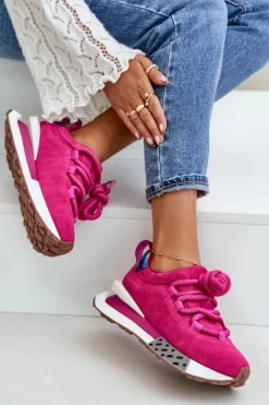 Buty Sportowe Na Platformie></noscript>Boto Zamszowe Sneakersy Damskie Na Platformie Z Grubym Sznurowaniem Artiker 55C0086 Fuksja Różowy