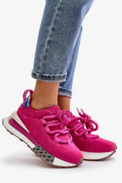 Buty Sportowe Na Platformie></noscript>Boto Zamszowe Sneakersy Damskie Na Platformie Z Grubym Sznurowaniem Artiker 55C0086 Fuksja Różowy