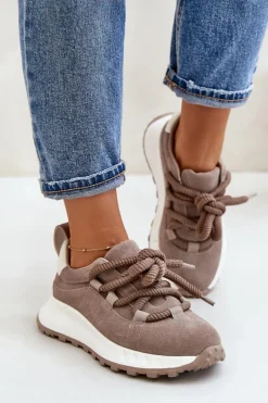 Buty Sportowe Na Platformie>Artiker Zamszowe Sneakersy Damskie Z Grubym Sznurowaniem 54C1409 Beżowe