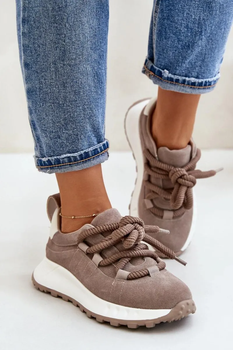 Buty Sportowe Na Platformie>Artiker Zamszowe Sneakersy Damskie Z Grubym Sznurowaniem 54C1409 Beżowe
