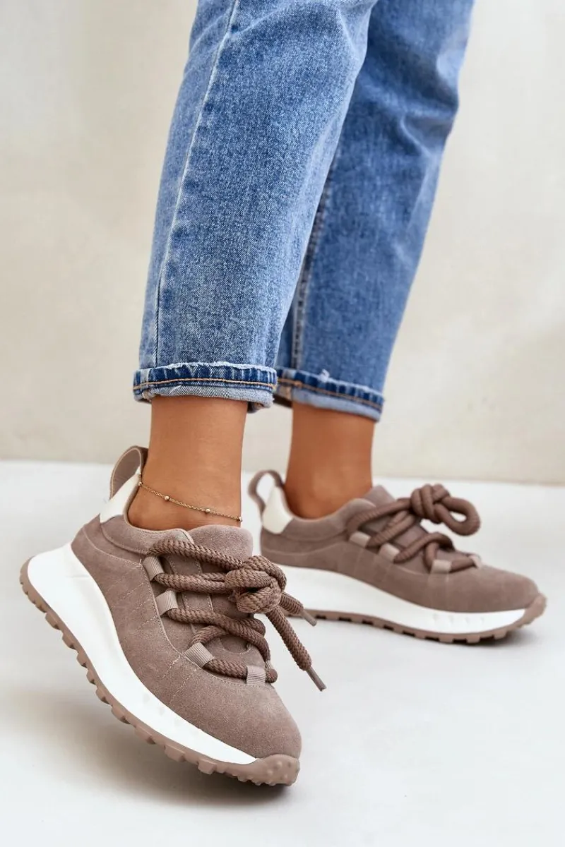 Buty Sportowe Na Platformie>Artiker Zamszowe Sneakersy Damskie Z Grubym Sznurowaniem 54C1409 Beżowe