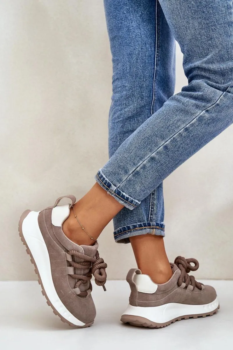 Buty Sportowe Na Platformie>Artiker Zamszowe Sneakersy Damskie Z Grubym Sznurowaniem 54C1409 Beżowe