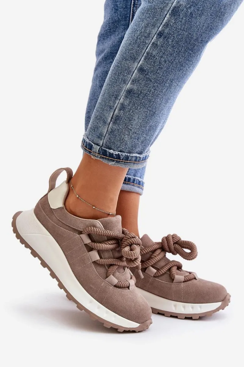 Buty Sportowe Na Platformie>Artiker Zamszowe Sneakersy Damskie Z Grubym Sznurowaniem 54C1409 Beżowe