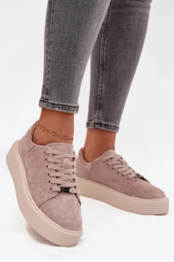 New Zamszowe Sneakersy Damskie Na Platformie Vinceza 79578 Beżowe Damskie Sneakersy Damskie