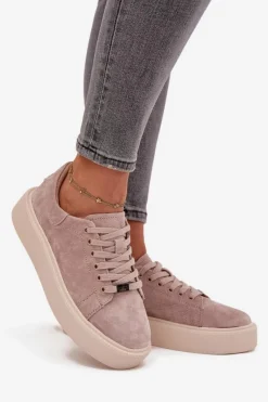 New Zamszowe Sneakersy Damskie Na Platformie Vinceza 79578 Beżowe Damskie Sneakersy Damskie