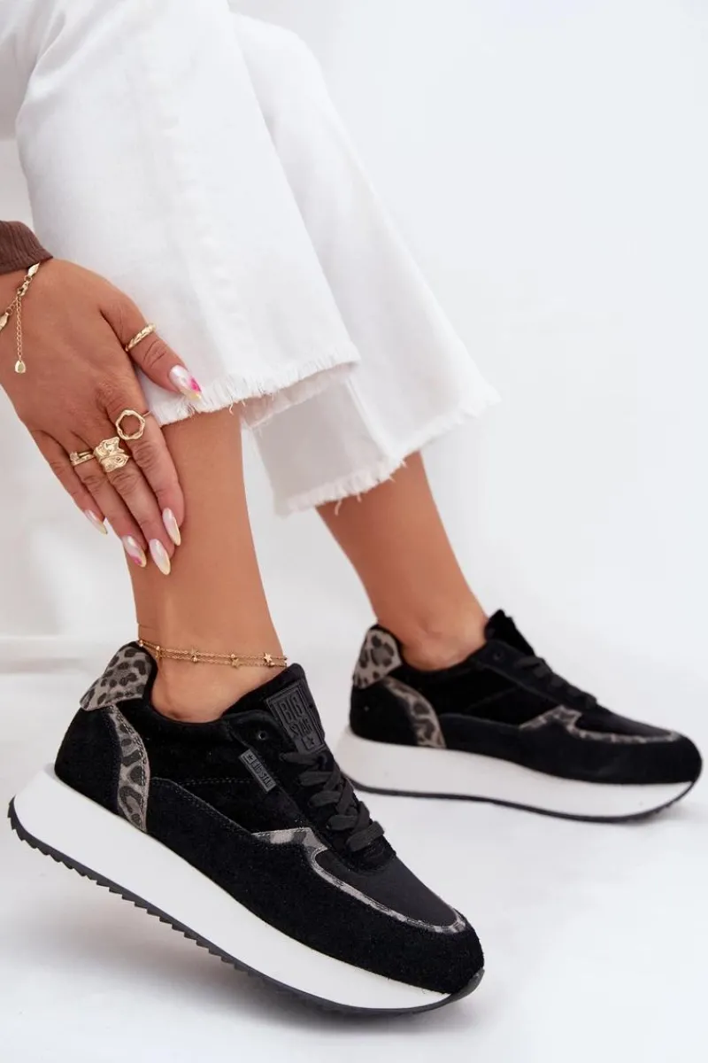 New Big Star Shoes Zamszowe Sneakersy Damskie Big Star OO274A312 HI-POLY SYSTEM Czarne Panterka Czarny