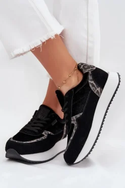 New Big Star Shoes Zamszowe Sneakersy Damskie Big Star OO274A312 HI-POLY SYSTEM Czarne Panterka Czarny