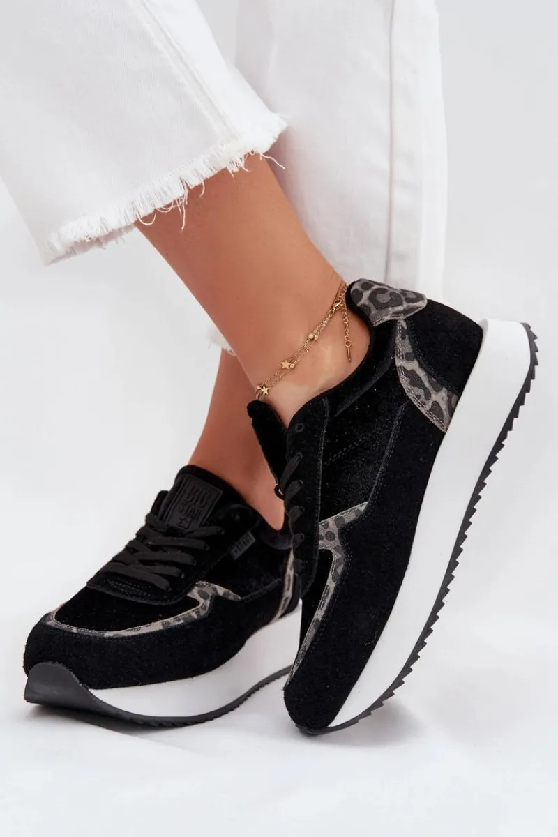 New Big Star Shoes Zamszowe Sneakersy Damskie Big Star OO274A312 HI-POLY SYSTEM Czarne Panterka Czarny