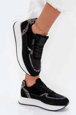 New Big Star Shoes Zamszowe Sneakersy Damskie Big Star OO274A312 HI-POLY SYSTEM Czarne Panterka Czarny