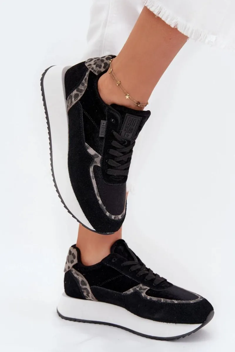 New Big Star Shoes Zamszowe Sneakersy Damskie Big Star OO274A312 HI-POLY SYSTEM Czarne Panterka Czarny