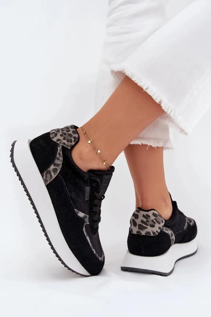 New Big Star Shoes Zamszowe Sneakersy Damskie Big Star OO274A312 HI-POLY SYSTEM Czarne Panterka Czarny